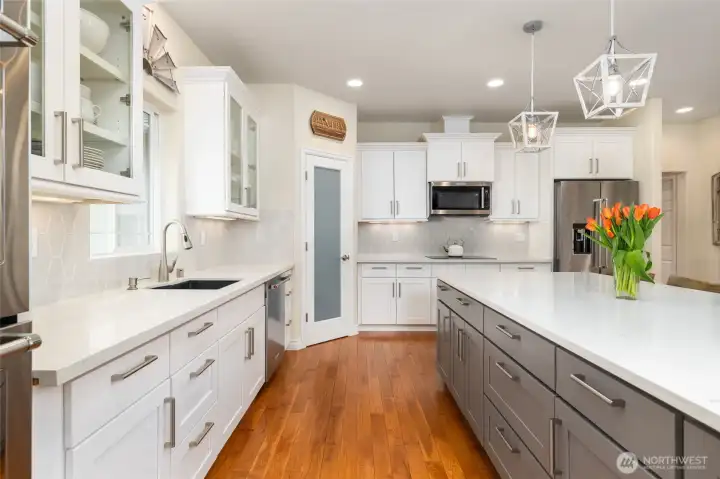 This beautiful kitchen is so spacious and light.