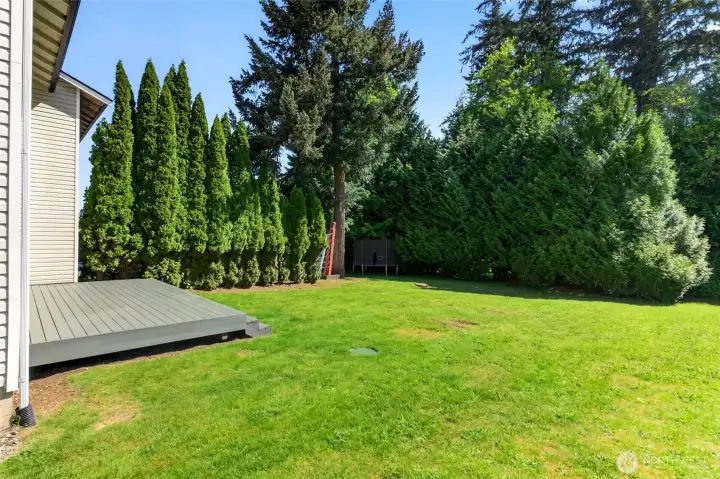 Large private backyard offers plenty of room for pets, play, gardening, or entertaining, all surrounded by mature evergreens that create a peaceful and secluded outdoor setting. Spacious deck provides an ideal spot for summer BBQs and relaxing evenings outdoors.