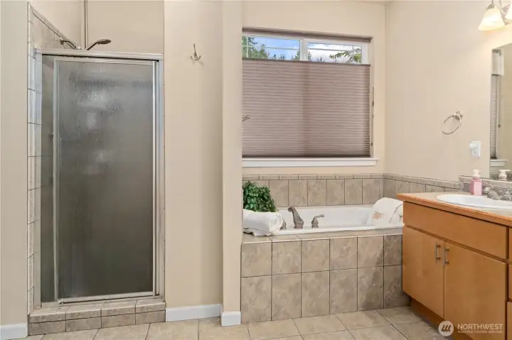 Primary bathroom with soaking tub.