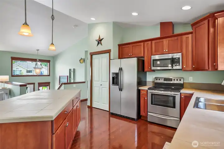 Spacious Kitchen with eating island and awesome pantry.