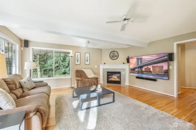 The family room off the kitchen has ample natural light, gas fireplace, and large slider door leading to a back yard oasis.