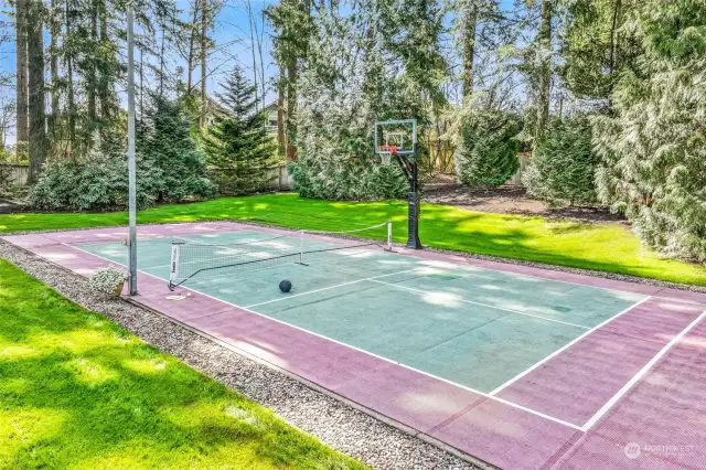 Play on the lighted pickleball court with premium basketball hoop, or relax at the outdoor fire pit.
