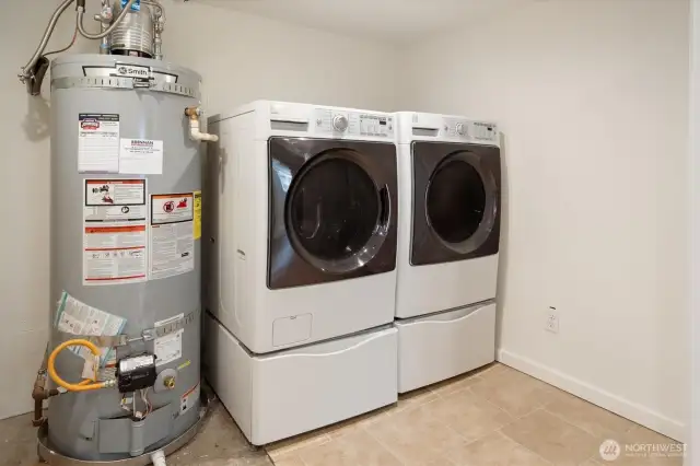 Utility room downstairs, with gas hot water tank. There is also a freezer downstairs that remains.  There is an unheated storage room on the exterior of the basement just past this room, it's got a door from basement to the room, and an exterior door too.