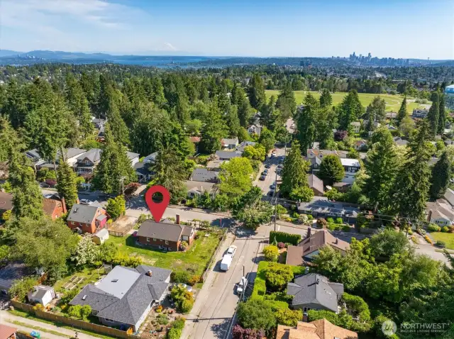 If you were the bird flying high, you'd be impressed to see Mt. Rainier, Lake WA, Bellevue to the left, downtown Seattle on the right, and Maple Leaf Reservoir Park in the center.  You can also see many of these views at the park, which is an easy walk from this home.  This is a very walkable neighborhood!
