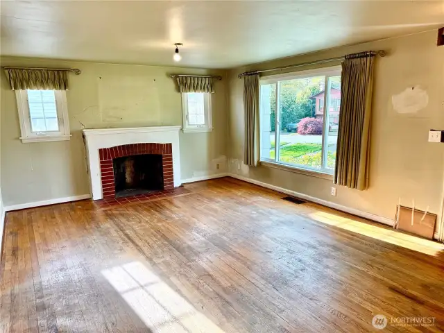 Living room with wood fireplace