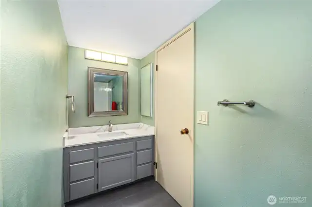 Hall Bathroom  Undermount sink with quartz countertop  Single vanity with decorative mirror and lighting