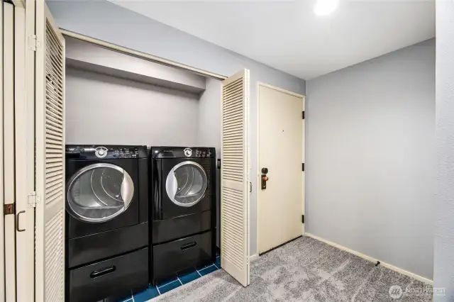 Laundry Closet with bifold doors  Frigidaire front load washer and dryer on matching pedestals with drawers  Waterproof Schluter-Kerdi membrane beneath tile