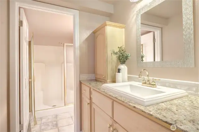 Slab counters, ample cabinet space, and large walk-in shower.
