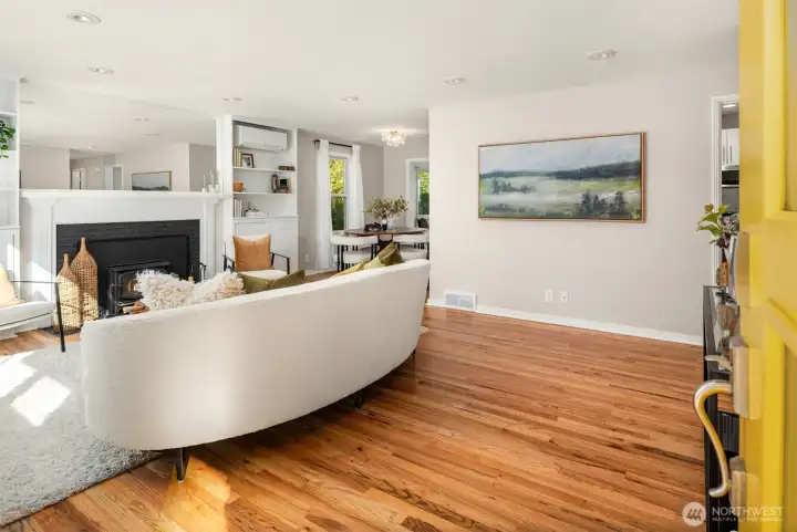 Enter front door. Big coat closet to your right; Open living and dining