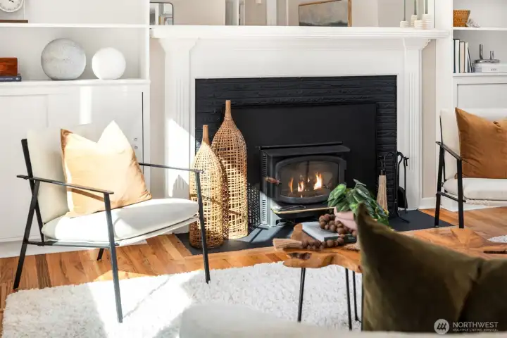 Original build ins; Wood burning stove provides heat and ambiance