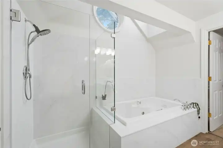 Gorgeous quartz lines the shower, tub surround and backsplash, and thick glass shower.