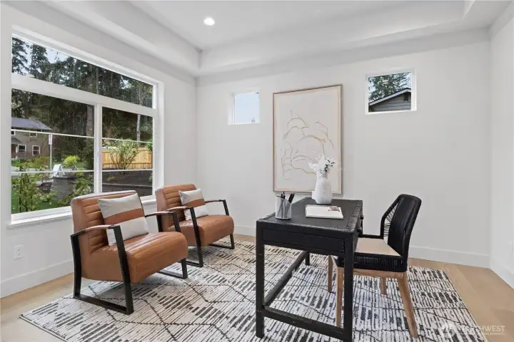 Large office with coved ceiling and lovely view out to the Evergreens in the distance.