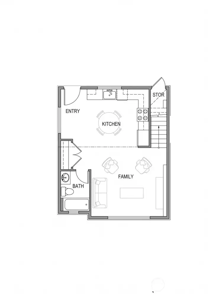 First floor of DADU. Scale is approximate. Storage is under stairs, door outside.