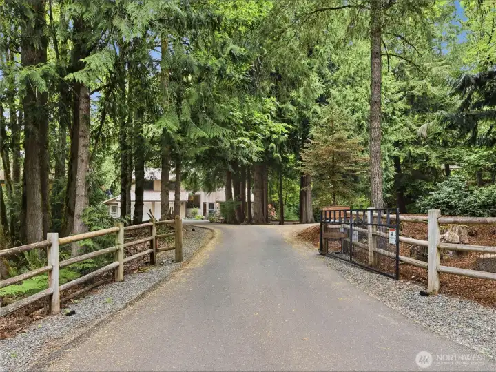 Private gated entry surrounded by evergreens
