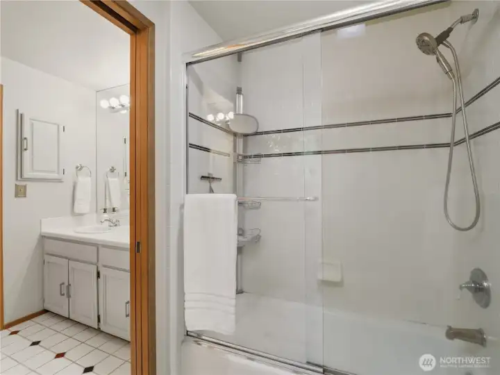 Elegant primary bath with ample space and natural light