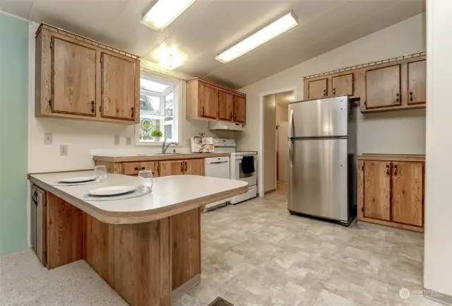 Kitchen counter and breakfast bar.