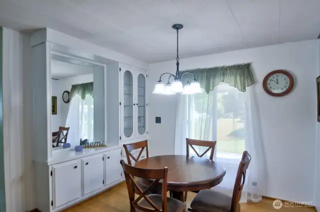 Dining area with built-in hutch.