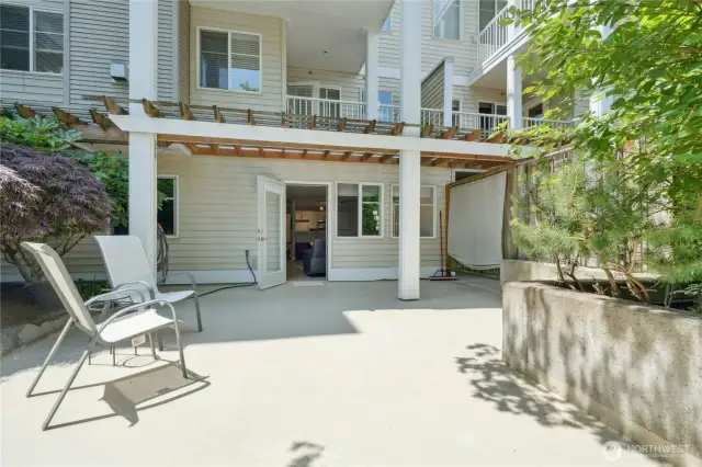 Private patio that overlooks Samm Slough, park, and Burke-Gilman Trail