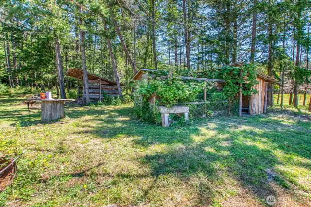 Outbuildings in the woods.