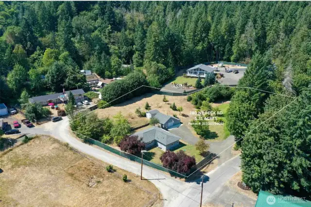 Overhead view of home, garage, outbuilding and seperate septic, power and water. This is a great property.