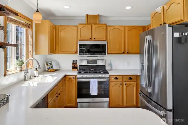 Close-up of kitchen that comes with all newer appliances.