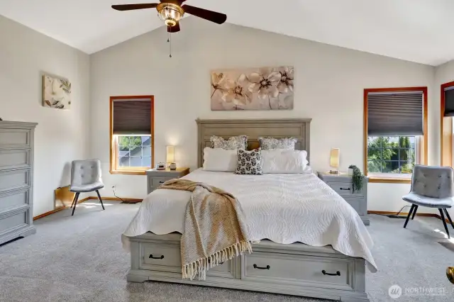 This extra large primary ensuite has all the bells and whistles with new carpeting and shades, vaulted ceilings, walk-in closet and YES....even a fireplace!
