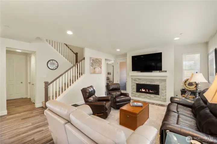 View of the family/great room with access to outdoor covered porch.