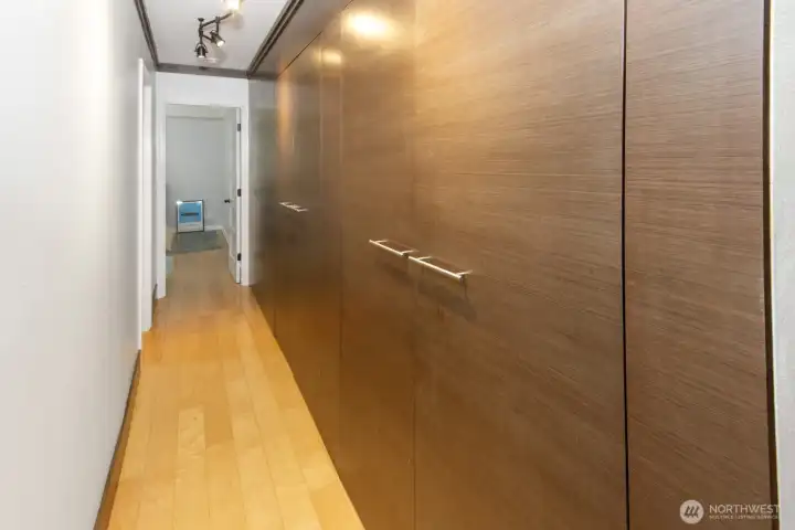 Hallway to bedroom and bathroom with TONS of storage space.