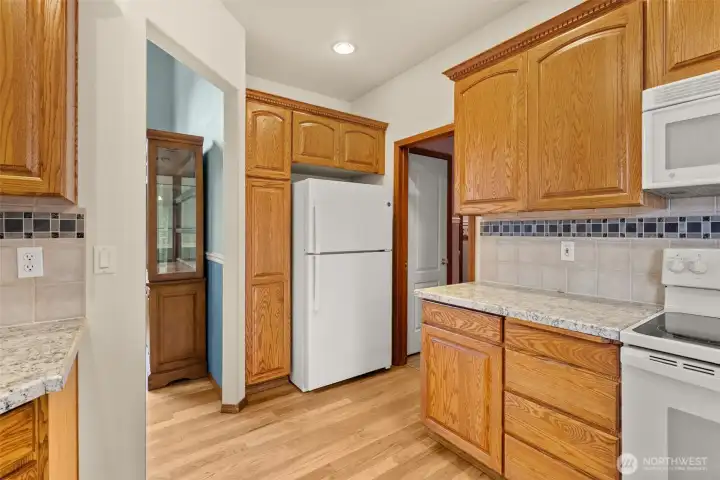Back view of kitchen that opens to dining room.  To the right of the refer is a pantry!