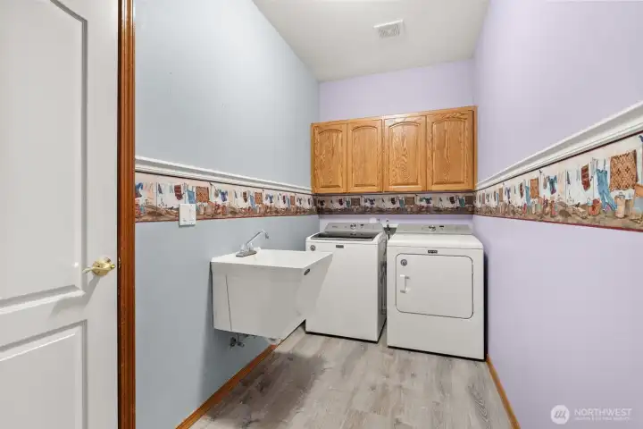 Utility room includes cupboards and floating sink.