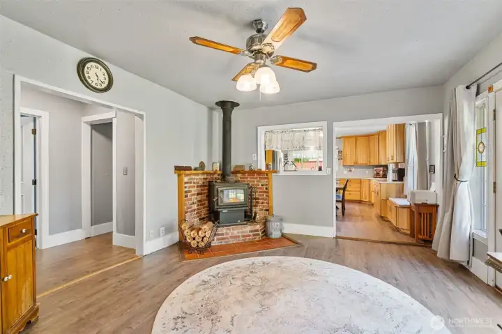 Entry way and cozy fireplace from living room