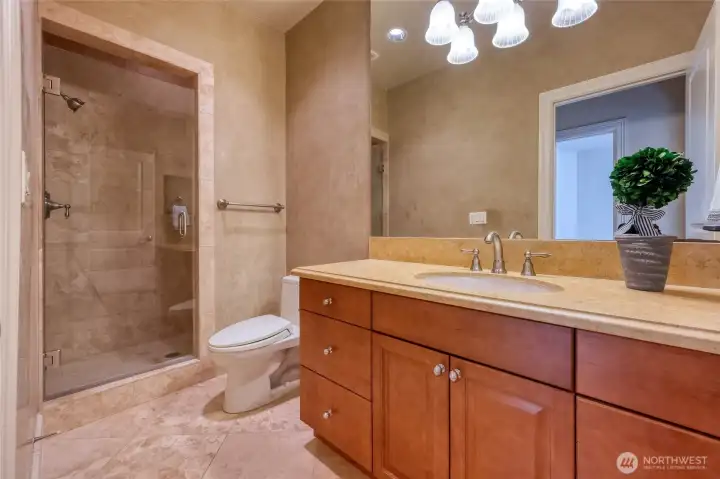 Convenient 3/4 bathroom off the main floor bedroom. Convenient 3/4 bathroom off the main floor bedroom.