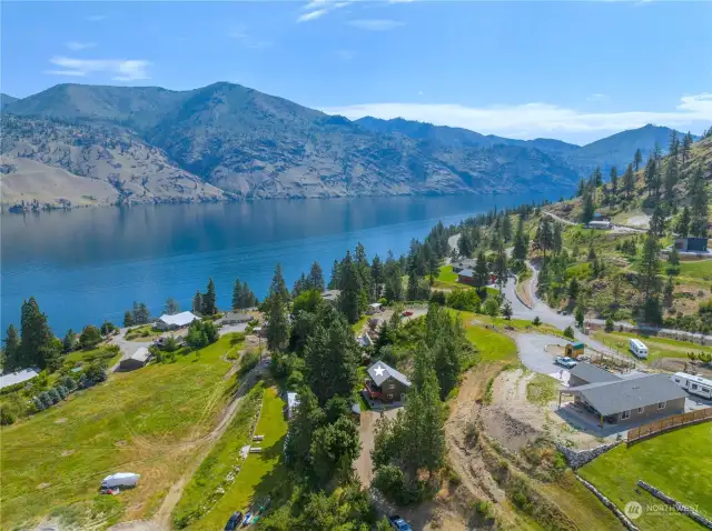 Aerial view overlooking sunny Lake Chelan.
