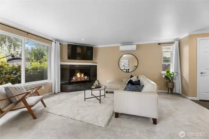 Living room and mounted TV stays.