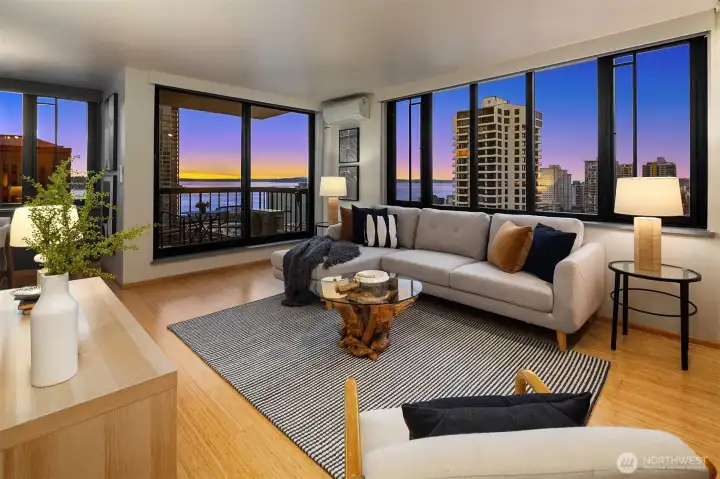 Northwest views of Elliott Bay and Olympic Mountains.