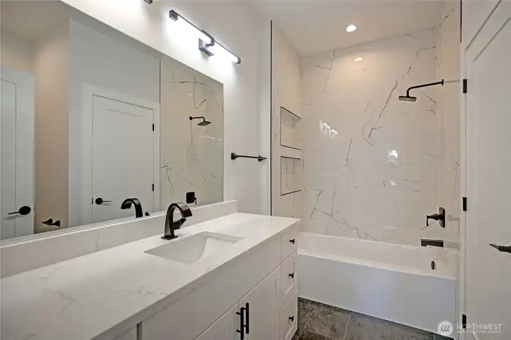 Guest Bath w/ Gorgeous Slab and Tile Finishes~