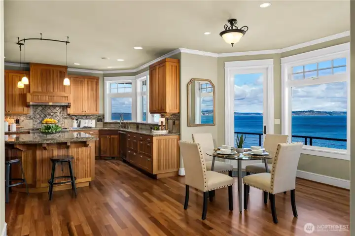 The open concept design on the main floor celebrates the view from the living room to the kitchen