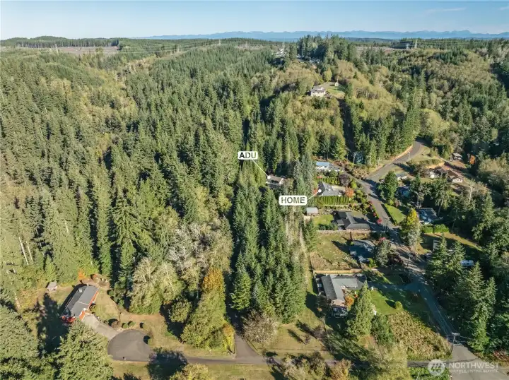Birds Eye view of home, ADU and land to build on