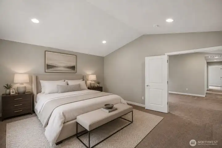 virtually staged - Primary bedroom looking at the family room