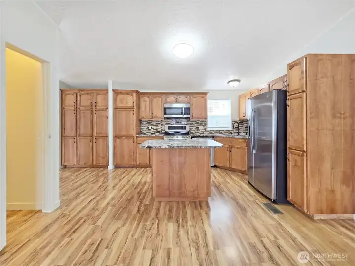 Beautifully designed kitchen showcasing elegant granite countertops, abundant cabinetry, a large stainless steel sink, and a walk-in pantry.