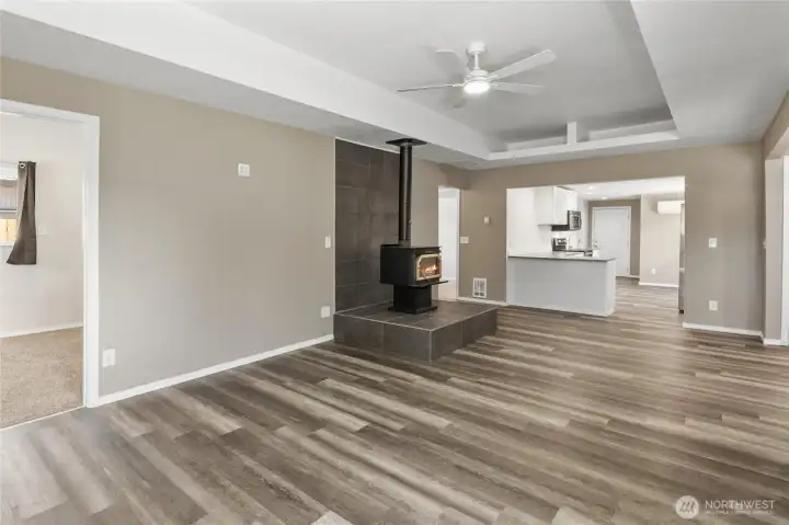 Front living room looking back into kitchen dining area. Front living room looking back into kitchen dining area.