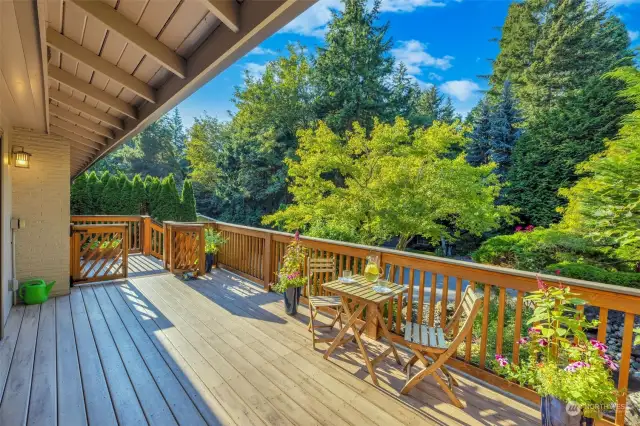 Front deck off the living space overlooks gardens and the peaceful water feature.