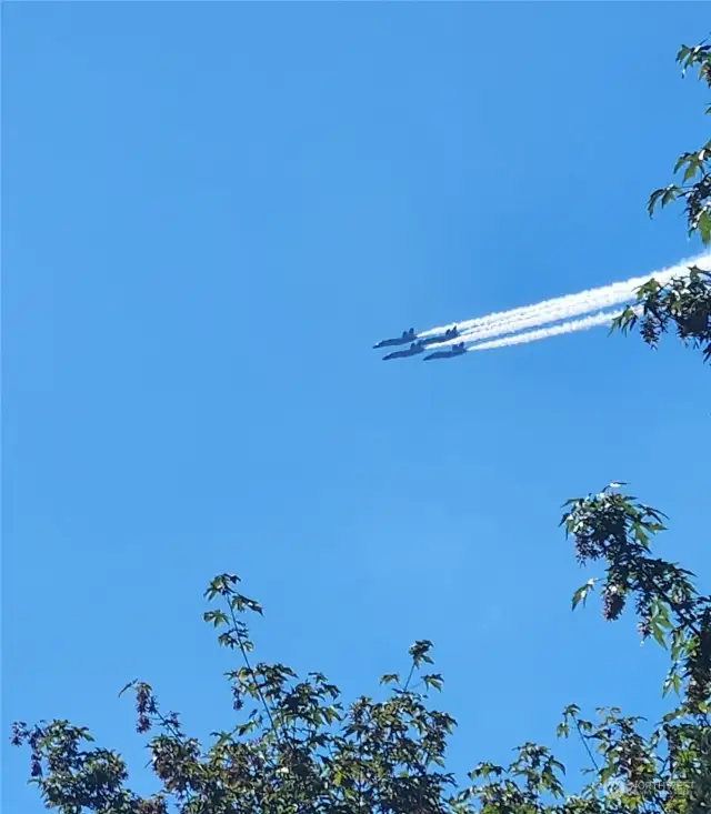 Enjoy The Blue Angels from the deck as they perform over Lake Washington each August.  This photo was taken during Seafair 2024.