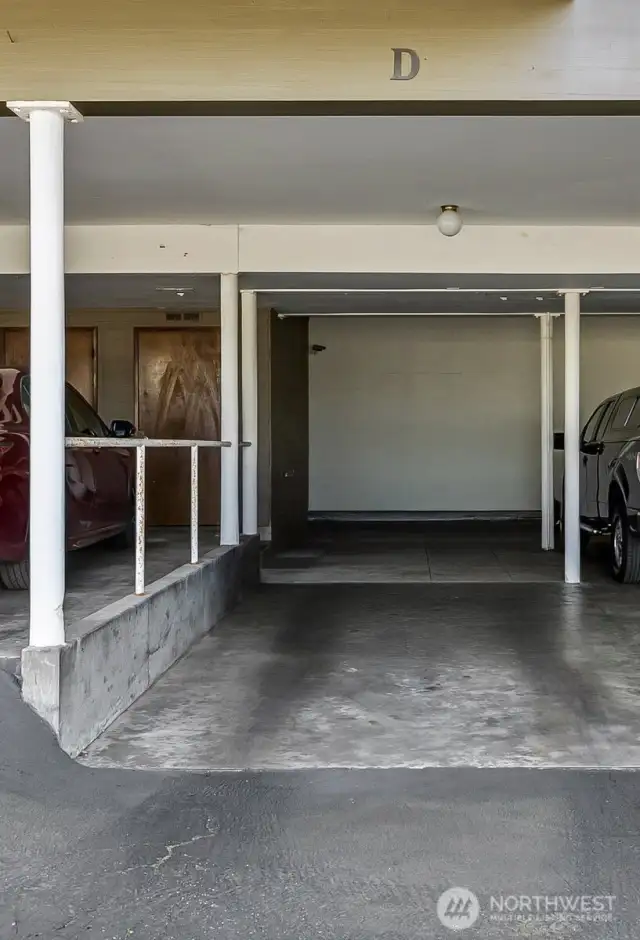 Two car covered parking, tandem style, with easy access from elevator.