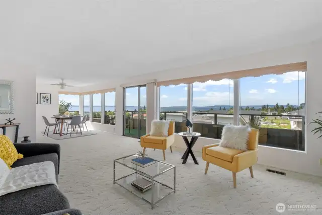 Light, bright, and spacious with picture windows across entire front of unit. Notice the hand crafted wood blind coverings.