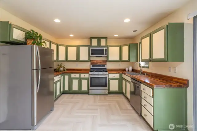 Butcher block counter tops add a country twang.
