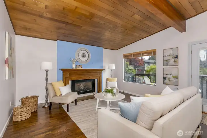 Living room with cathedral ceiling.