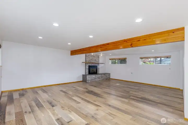 Recreation room with fireplace