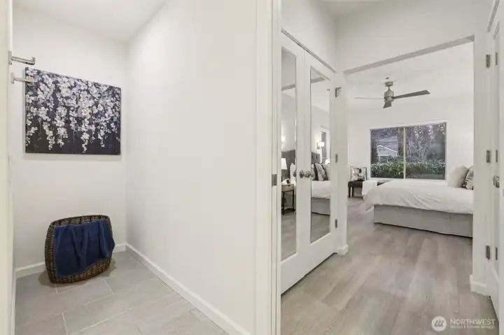 Bathroom spaces for additional dressing space or add some shelves