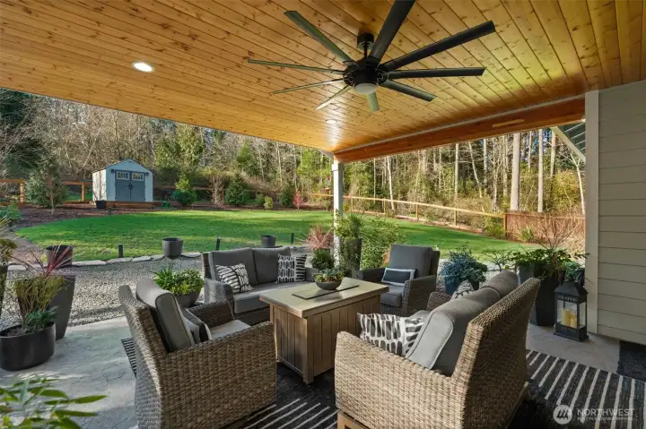 Covered patio overlooking yard